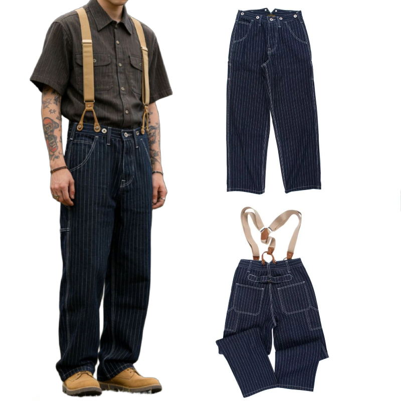 Leather Work Overalls - Vintage Railroad Stripe Denim Overalls for