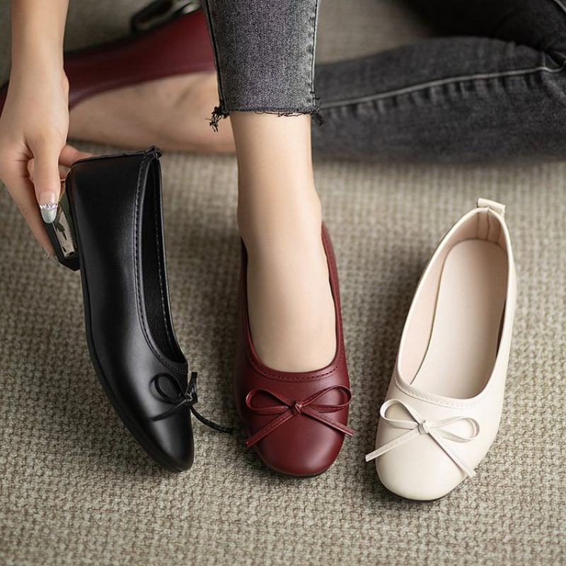 Leather Work Women Shoes - Elegant Bowknot Flat Shoes for Women,