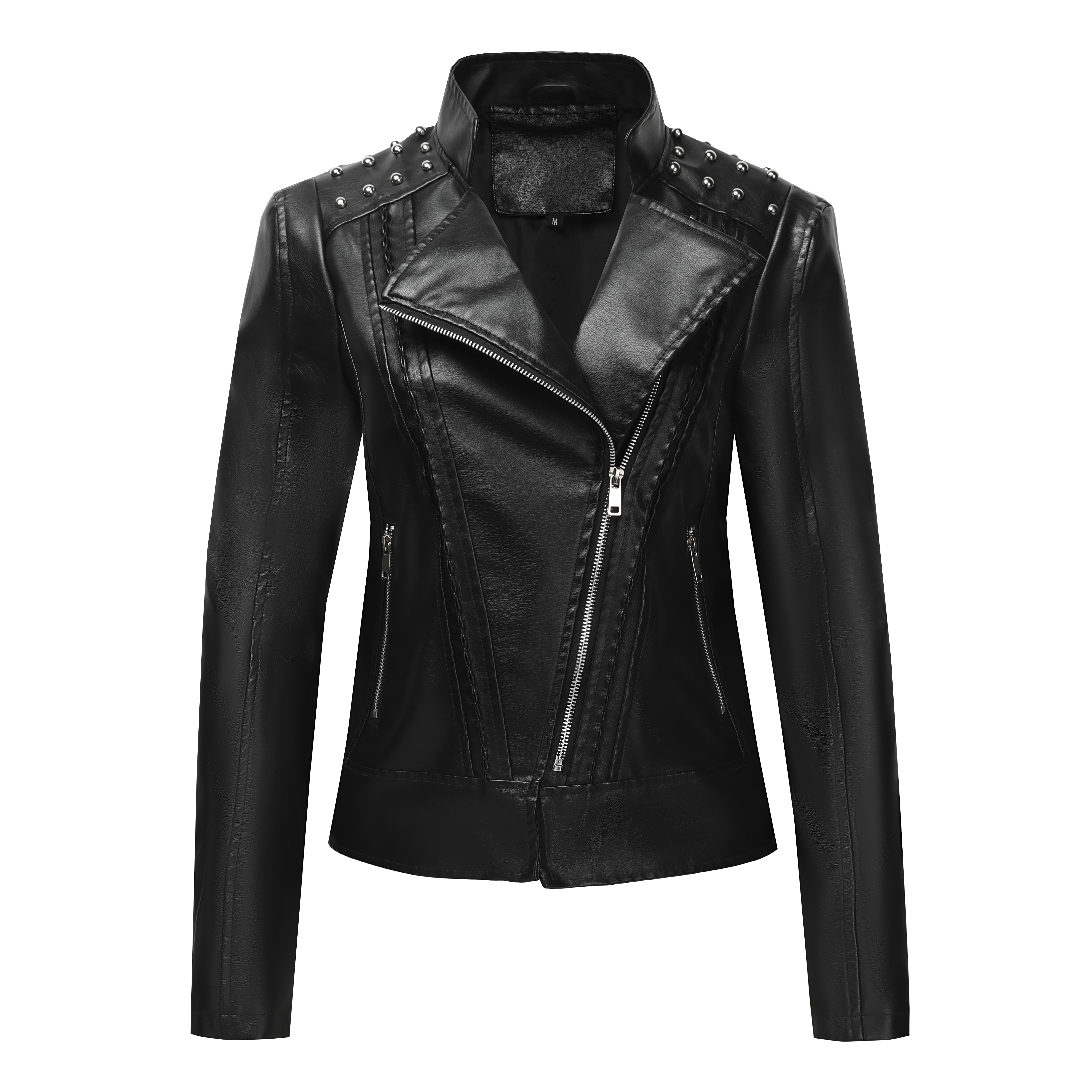 Leather Work Jacket Women'S - Ladies' PU LeatherJacket Zip-Up Rivet Designed