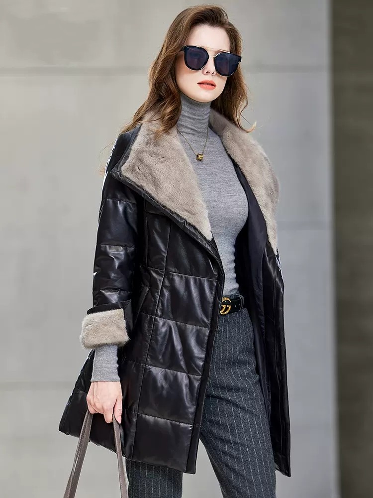 Elegant Ladies Mink Fur Collar - Leather Work Jacket Women'S recension och pris