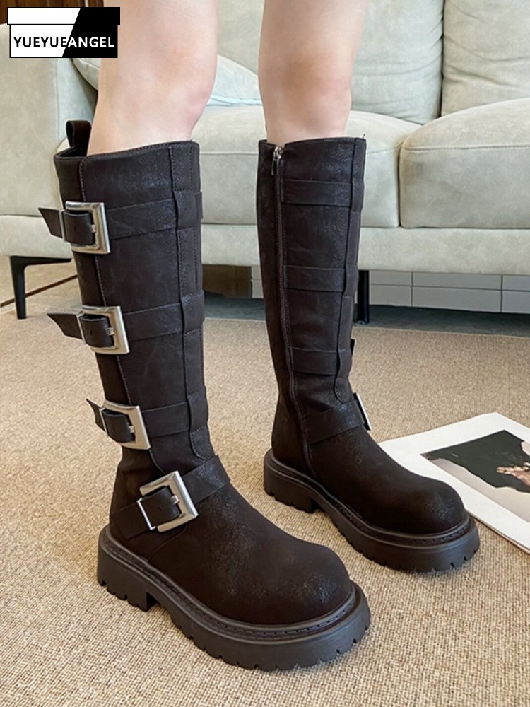 Fashion Women Multi Buckle Kne - Leather Work Women Shoes recension och pris