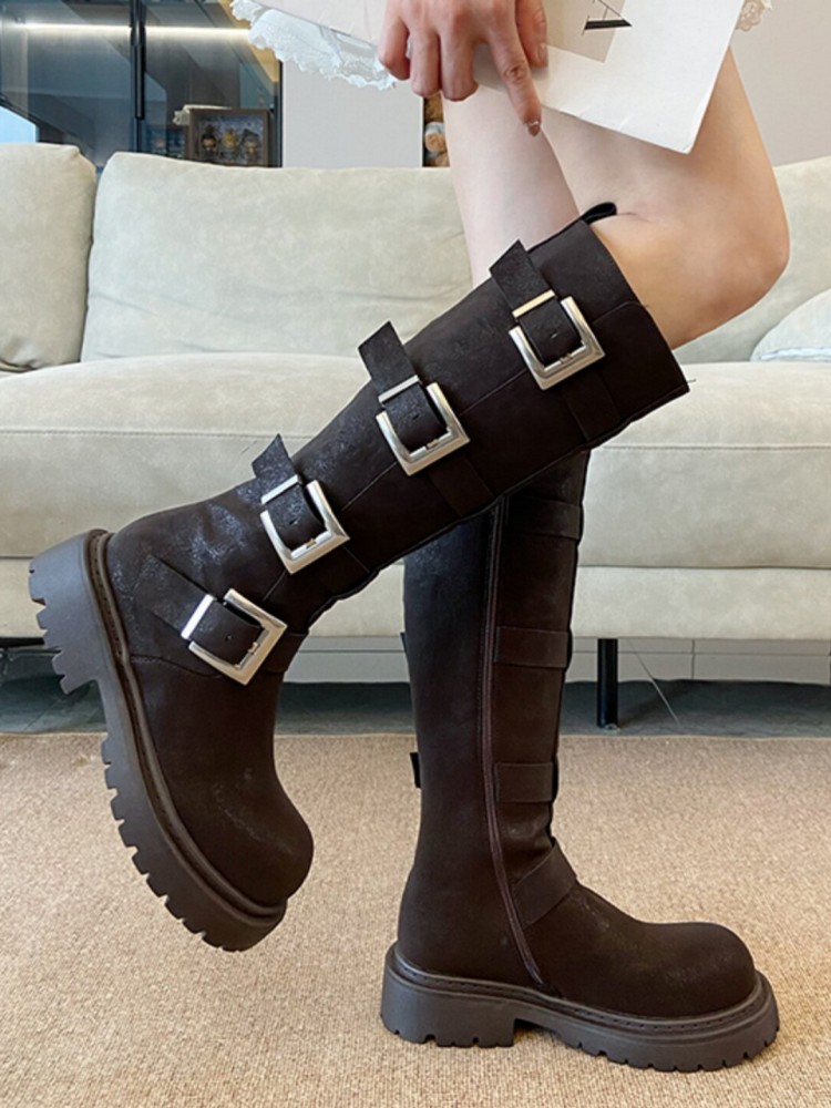 Fashion Women Multi Buckle Kne - Leather Work Women Shoes recension och pris