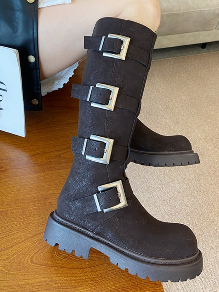 Fashion Women Multi Buckle Kne - Leather Work Women Shoes recension och pris